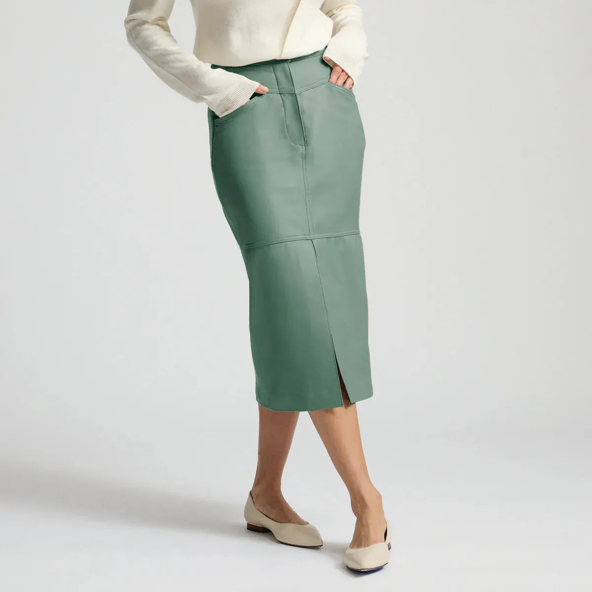 Margot Long Line Leather Skirt - Sage