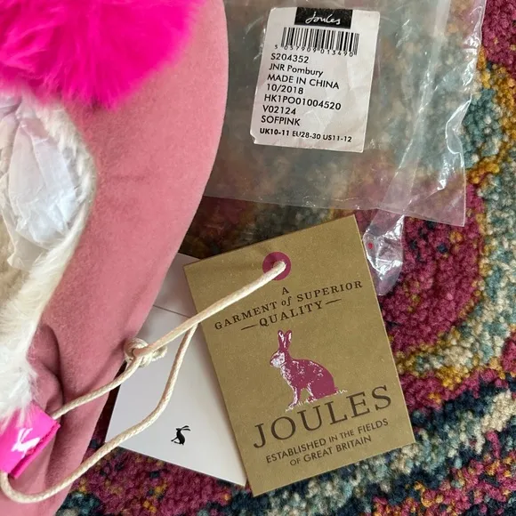 NWT Joules | Girl’s pink suede sherpa lined slippers, hot pink pom poms sz 11-12