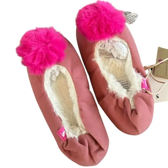 NWT Joules | Girl’s pink suede sherpa lined slippers, hot pink pom poms sz 11-12
