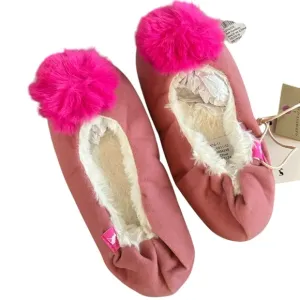 NWT Joules | Girl’s pink suede sherpa lined slippers, hot pink pom poms sz 11-12
