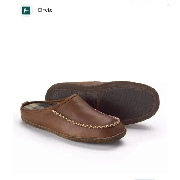 Orvis Lodge Brown Leather Slip On Mocs Slippers Size 9