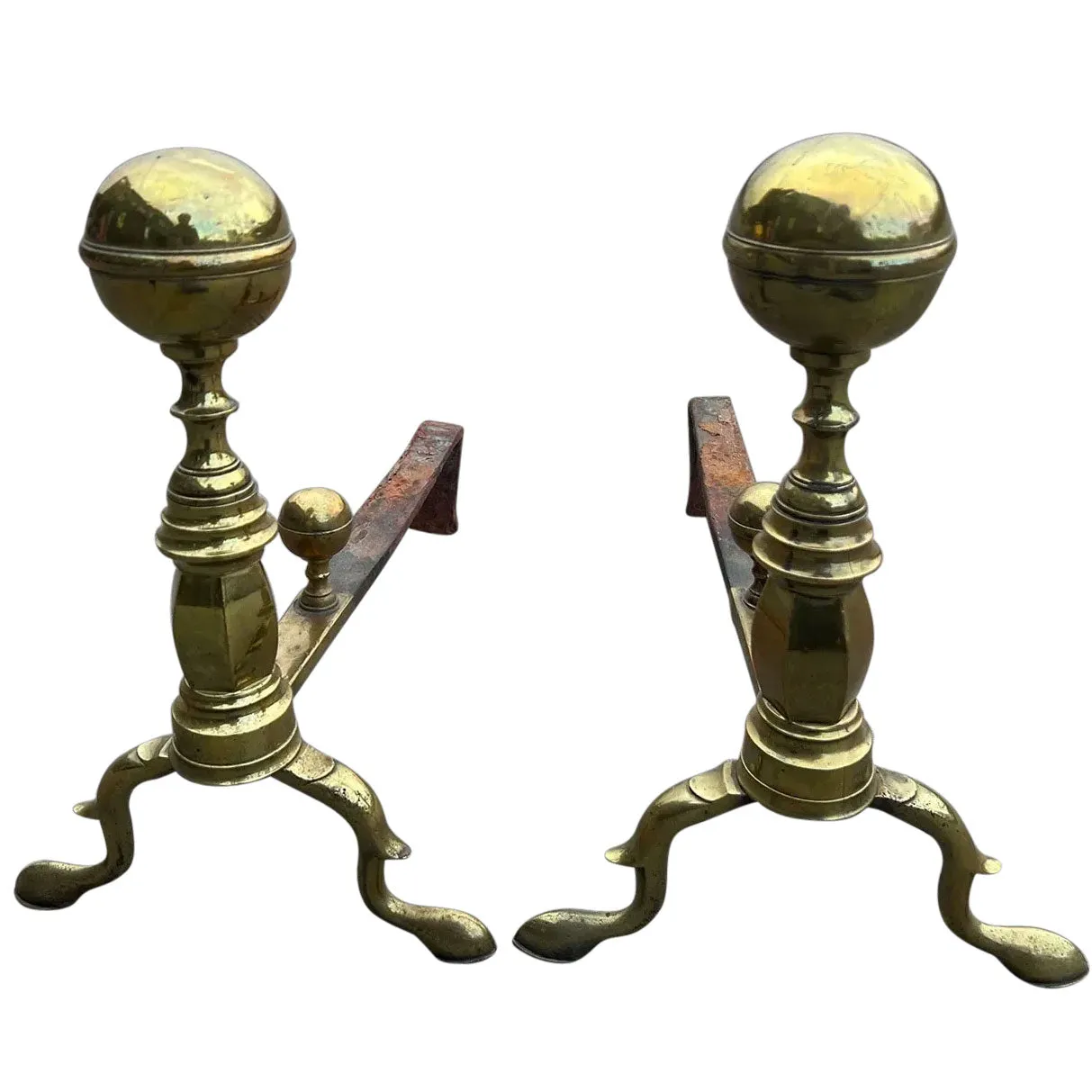 Pair of American Federal Brass and Iron Belted Ball-Top Fireplace Andirons