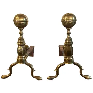 Pair of American Federal Brass and Iron Belted Ball-Top Fireplace Andirons