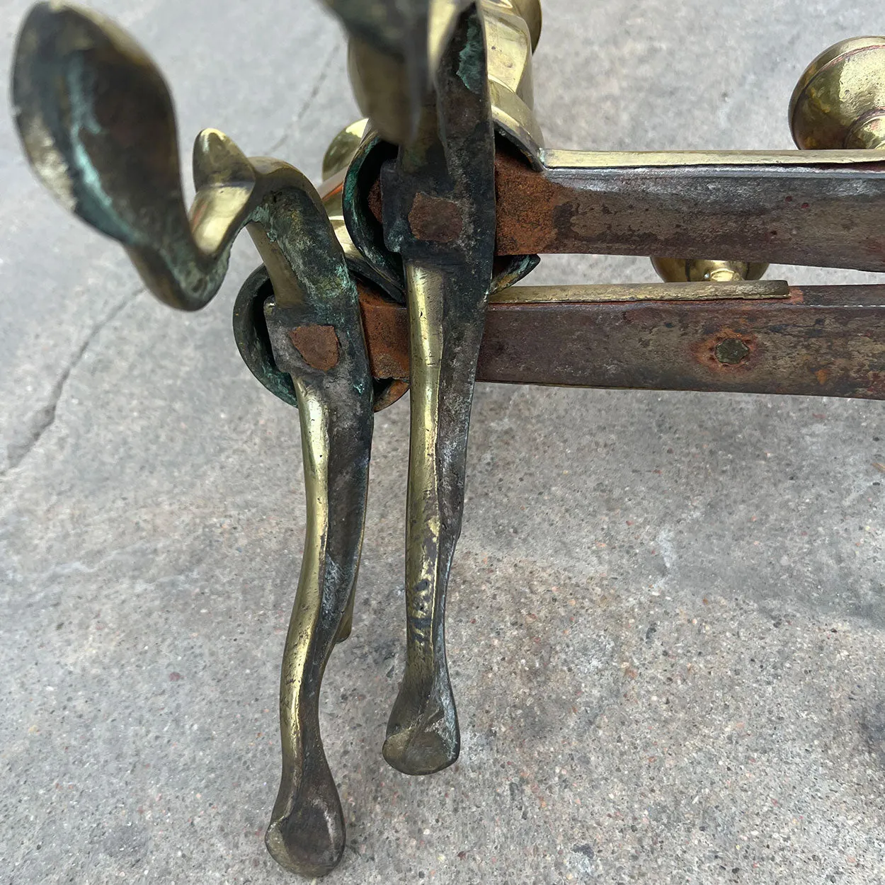 Pair of American Federal Brass and Iron Belted Ball-Top Fireplace Andirons