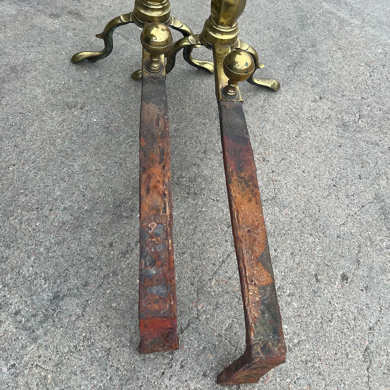 Pair of American Federal Brass and Iron Belted Ball-Top Fireplace Andirons