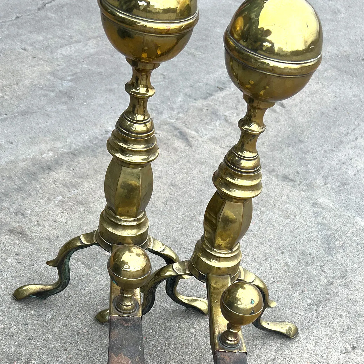 Pair of American Federal Brass and Iron Belted Ball-Top Fireplace Andirons