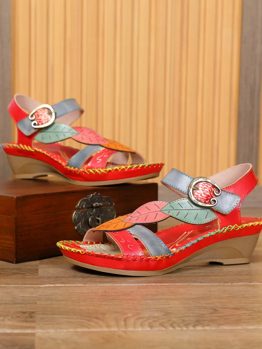 Red Floral Leaf Applique Genuine Leather Sandal