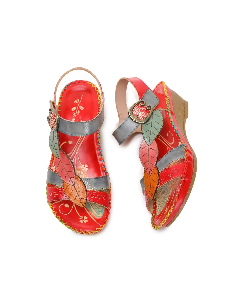 Red Floral Leaf Applique Genuine Leather Sandal