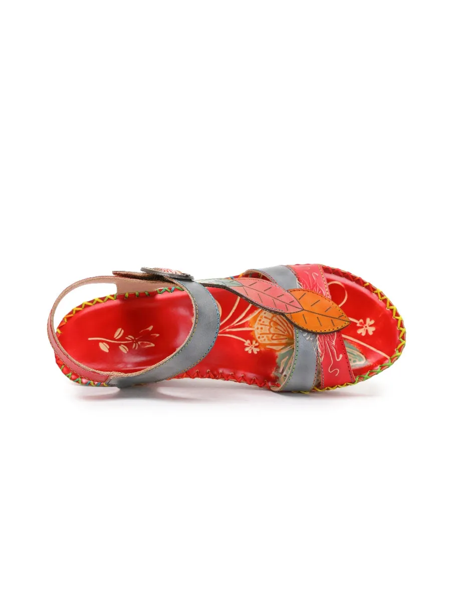 Red Floral Leaf Applique Genuine Leather Sandal