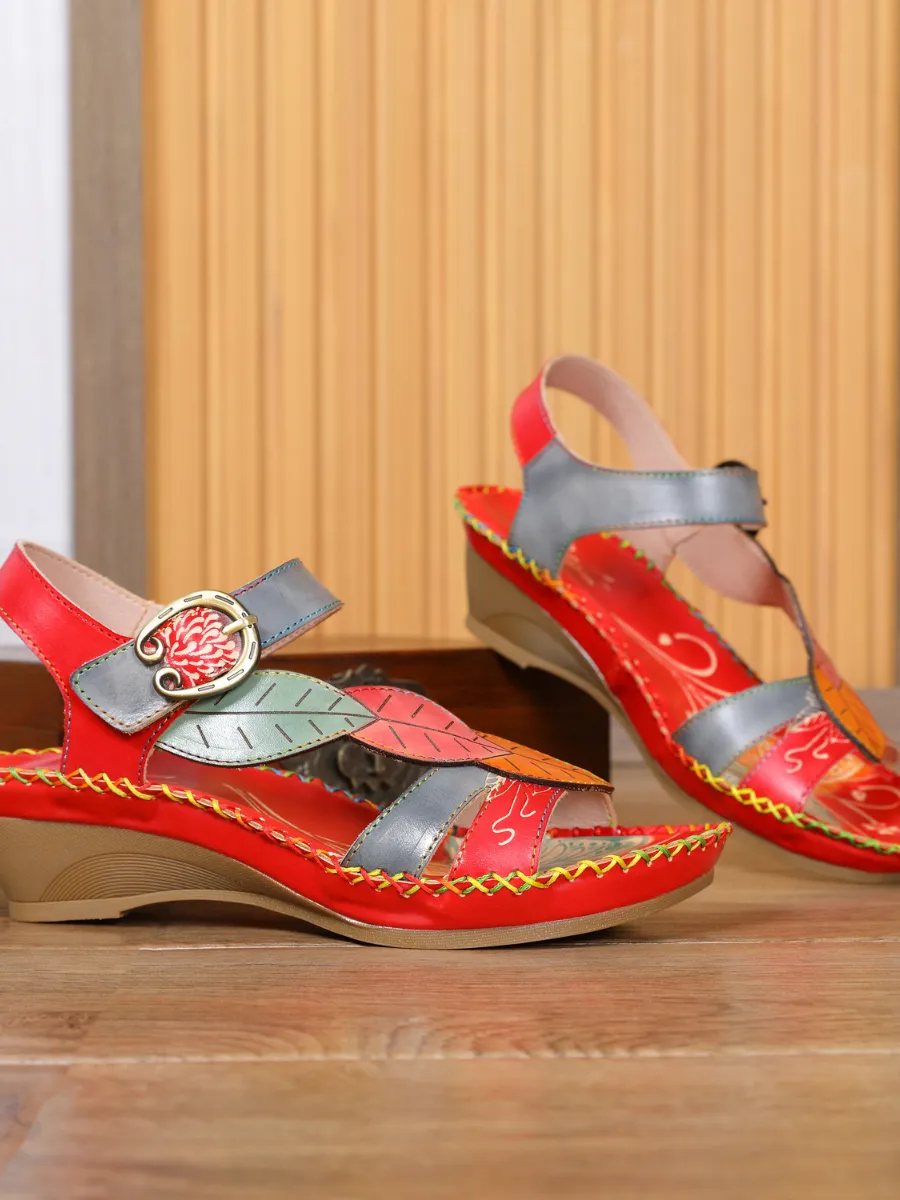 Red Floral Leaf Applique Genuine Leather Sandal