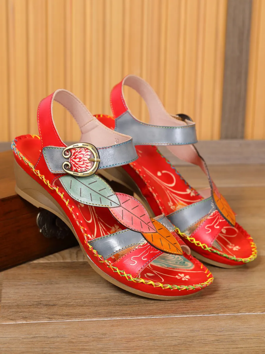 Red Floral Leaf Applique Genuine Leather Sandal