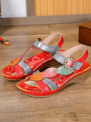 Red Floral Leaf Applique Genuine Leather Sandal