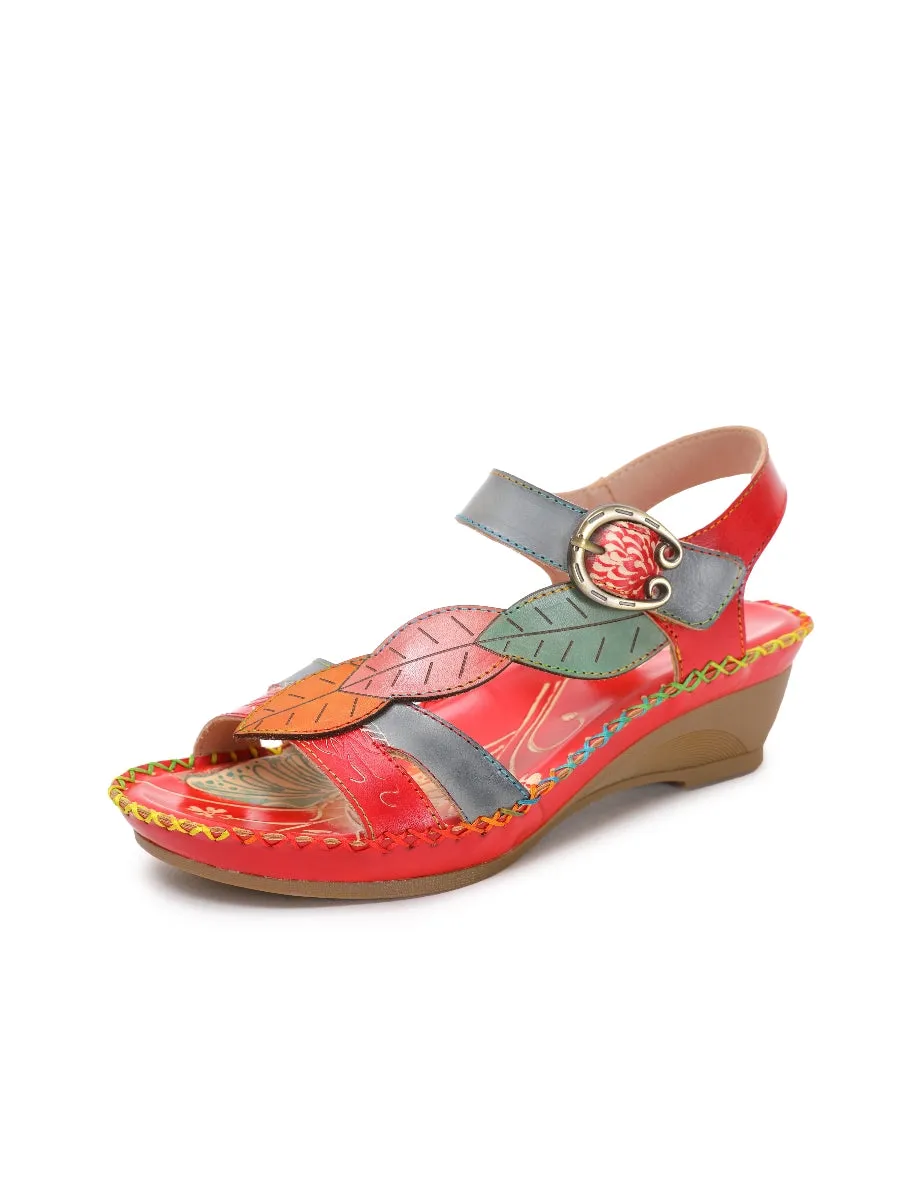 Red Floral Leaf Applique Genuine Leather Sandal