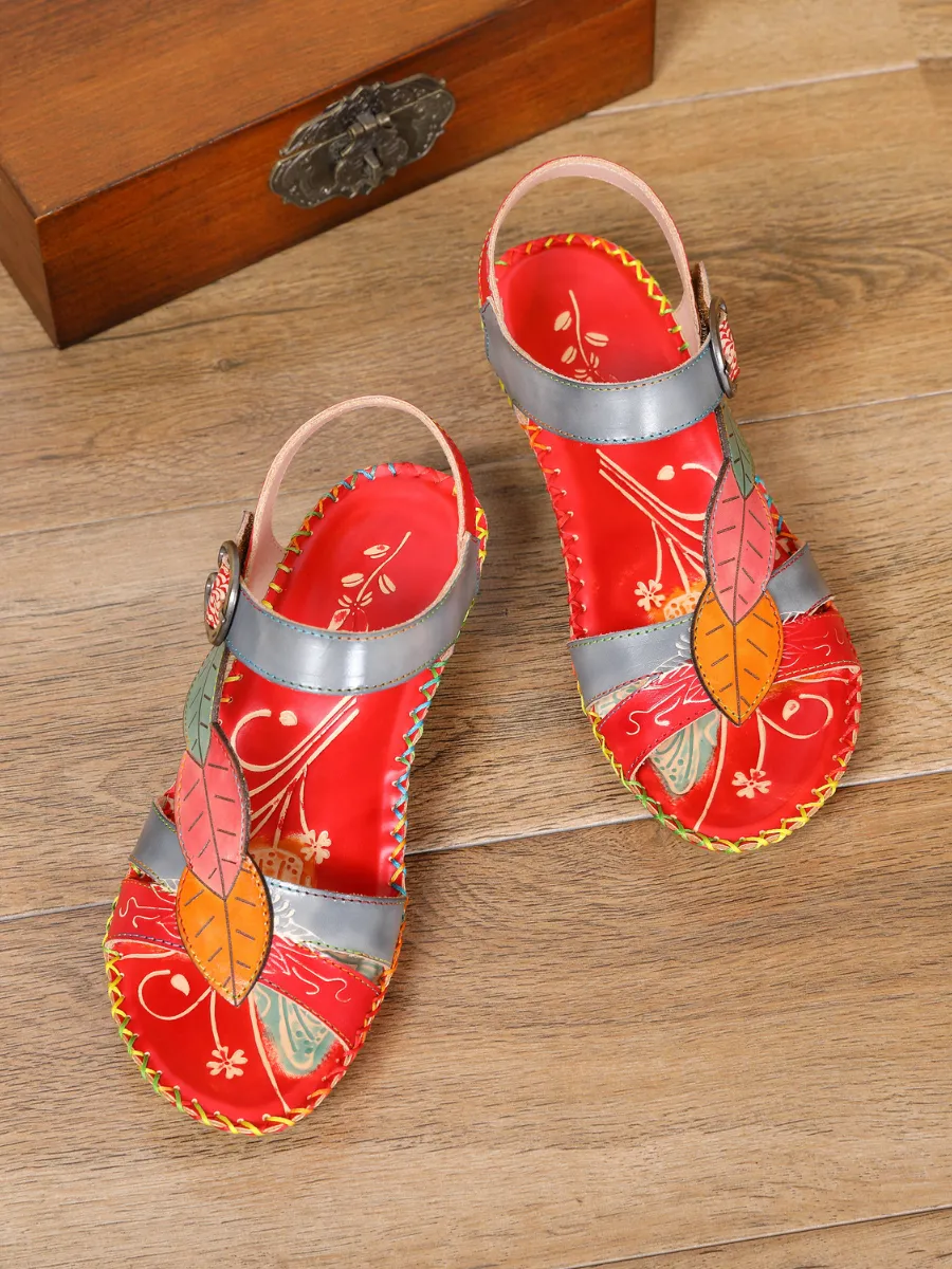Red Floral Leaf Applique Genuine Leather Sandal
