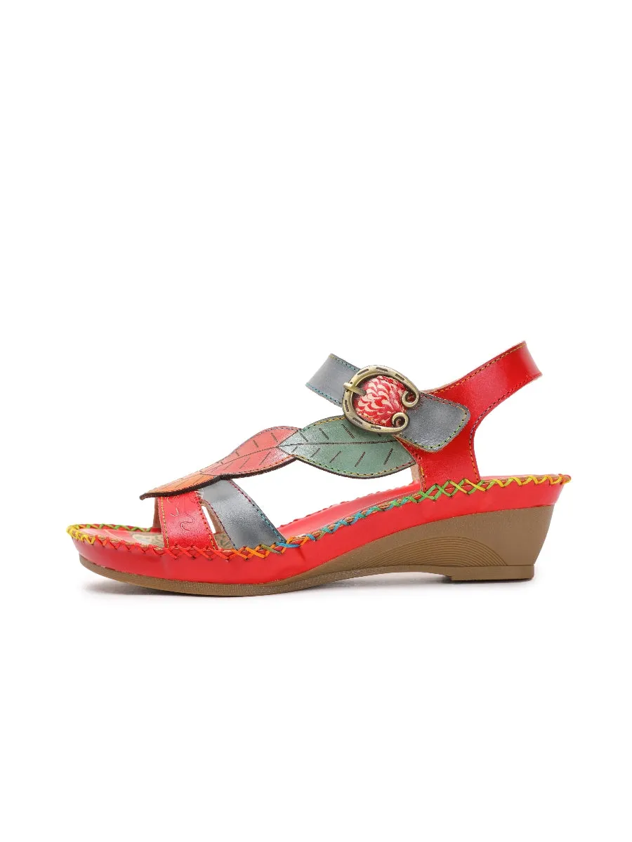 Red Floral Leaf Applique Genuine Leather Sandal