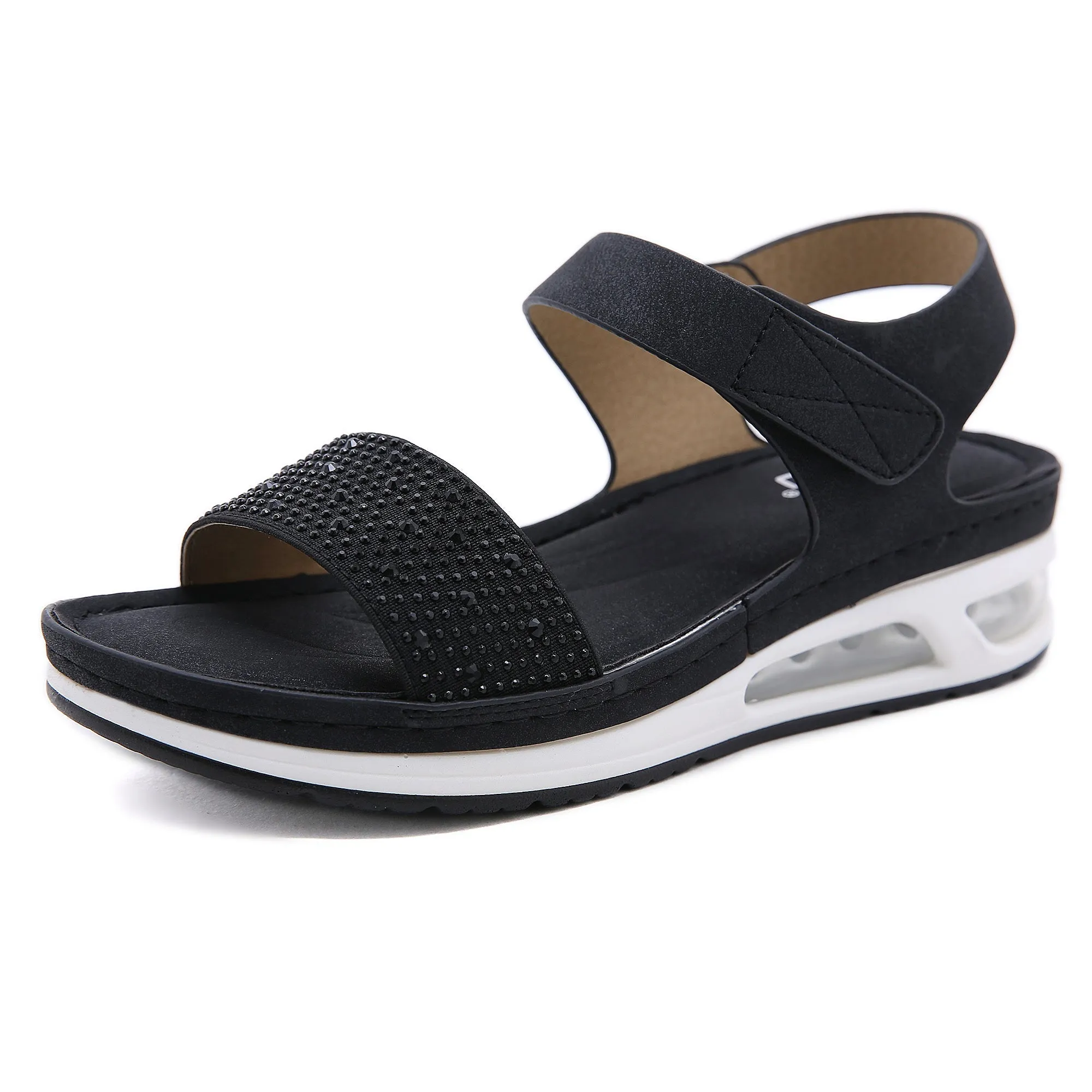 Rhinestone Strap Air Pad Sole Sandal - Black