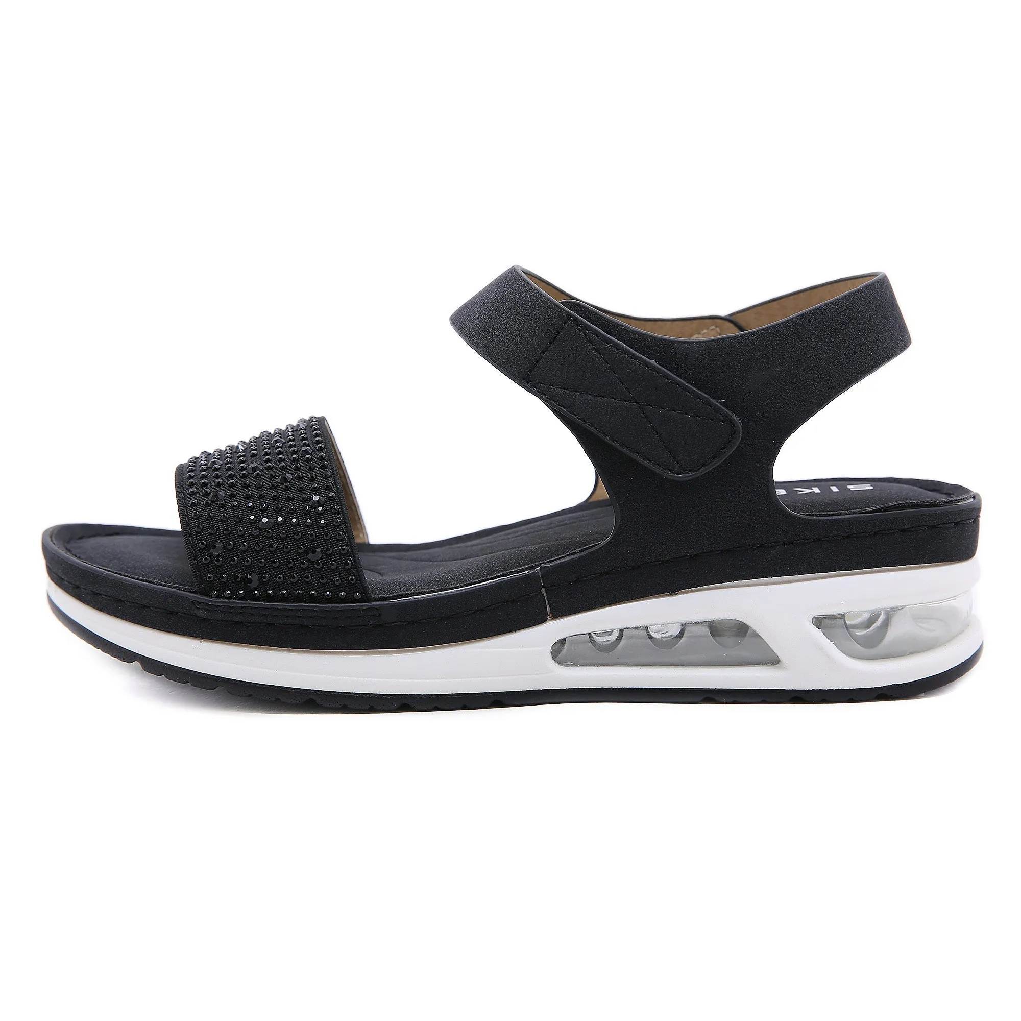 Rhinestone Strap Air Pad Sole Sandal - Black