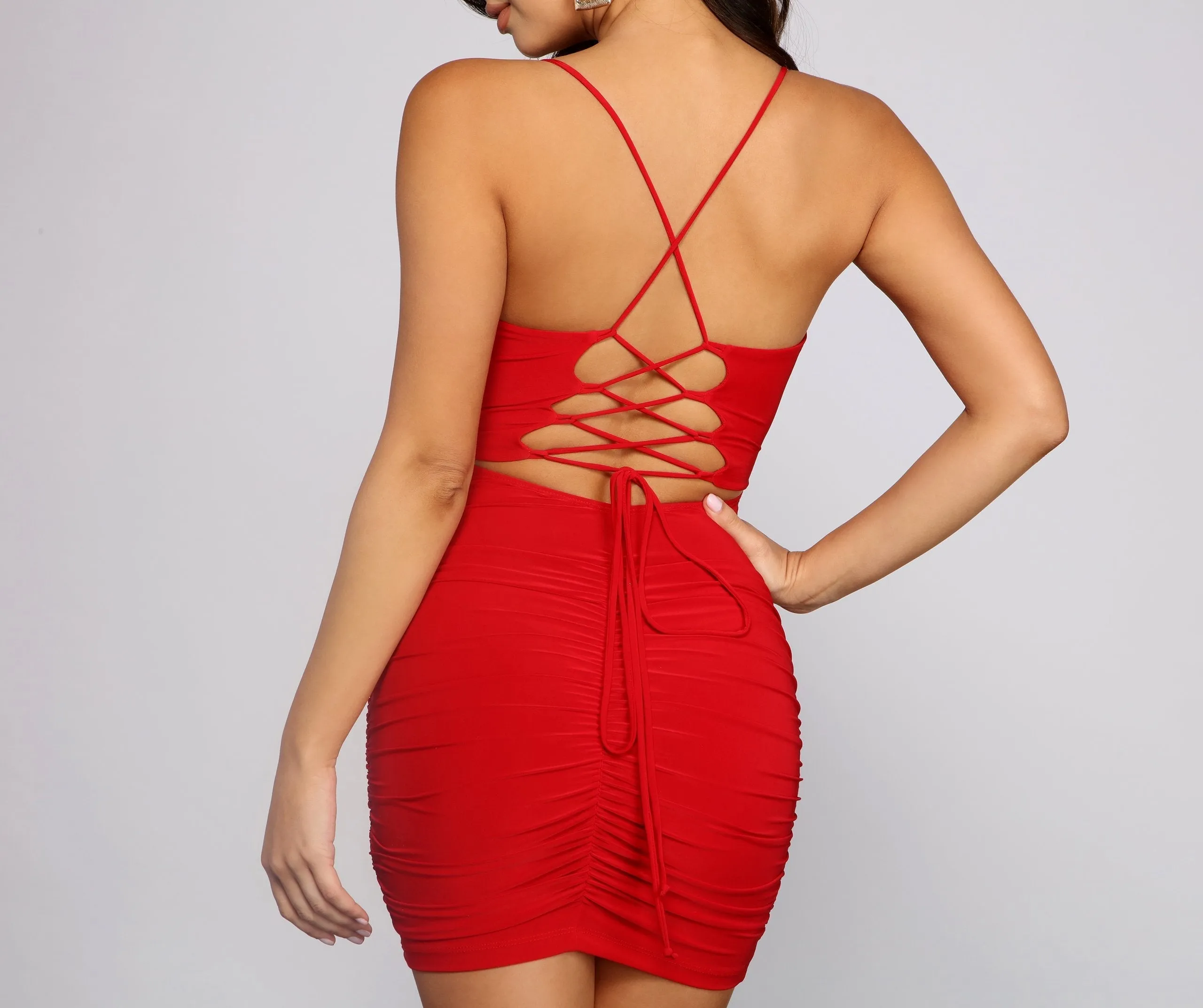 Ruched to The Max Graceful Lace Up Mini Dress