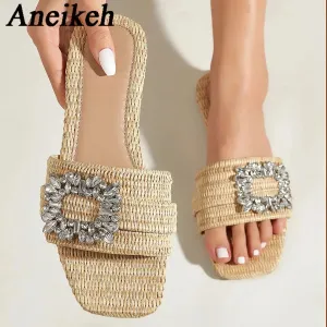 Semi Formal Fashion Square Headed Cane Knitted Flat Heels for Women Slippers Flat Bottom Crystal Sandals every day wear Slides