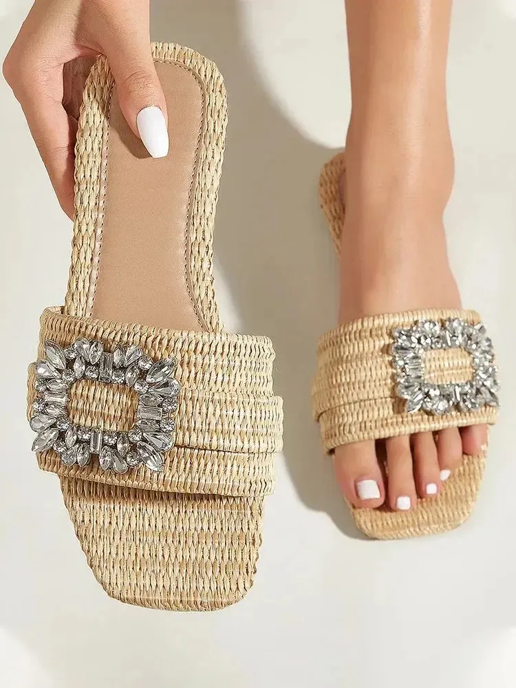 Semi Formal Fashion Square Headed Cane Knitted Flat Heels for Women Slippers Flat Bottom Crystal Sandals every day wear Slides