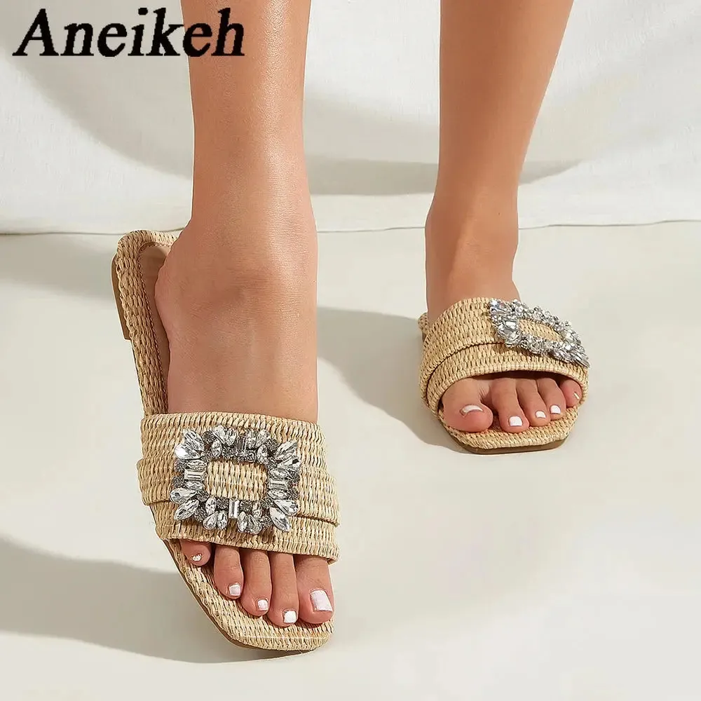 Semi Formal Fashion Square Headed Cane Knitted Flat Heels for Women Slippers Flat Bottom Crystal Sandals every day wear Slides