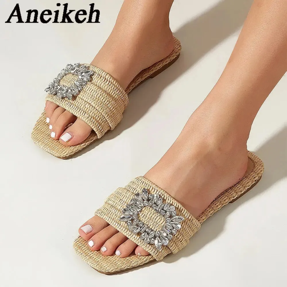 Semi Formal Fashion Square Headed Cane Knitted Flat Heels for Women Slippers Flat Bottom Crystal Sandals every day wear Slides