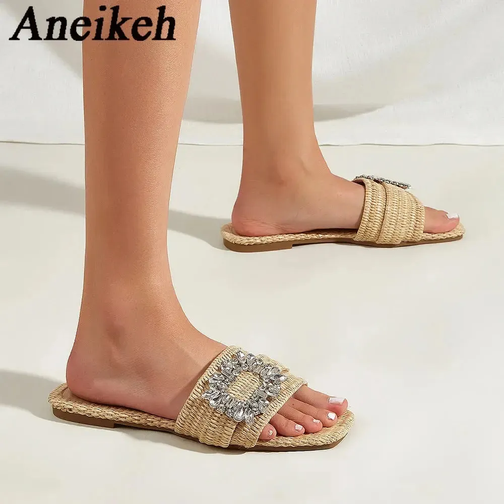 Semi Formal Fashion Square Headed Cane Knitted Flat Heels for Women Slippers Flat Bottom Crystal Sandals every day wear Slides