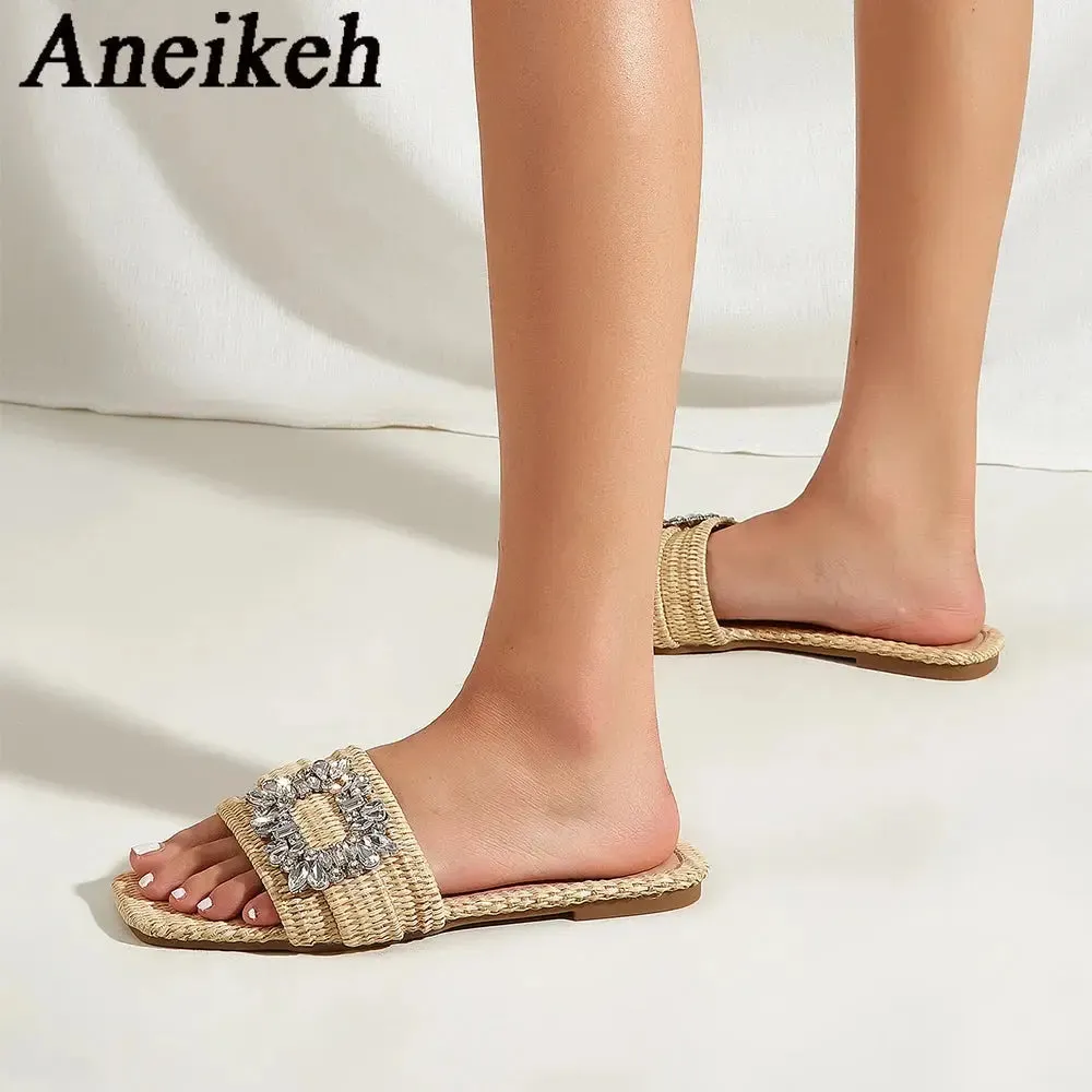 Semi Formal Fashion Square Headed Cane Knitted Flat Heels for Women Slippers Flat Bottom Crystal Sandals every day wear Slides