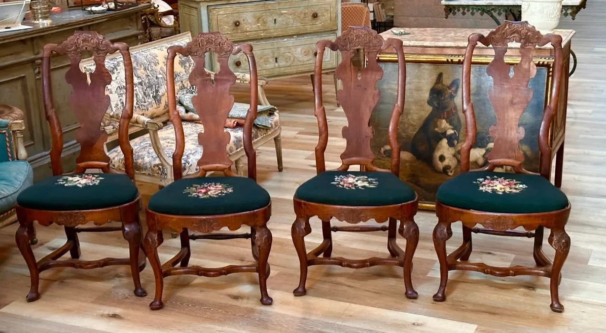 Set of Four Walnut Swedish Rococo Dining Chairs, c. 1780