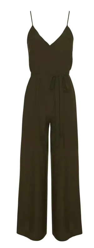 Silk V-Neck Jumpsuit Dark Olive