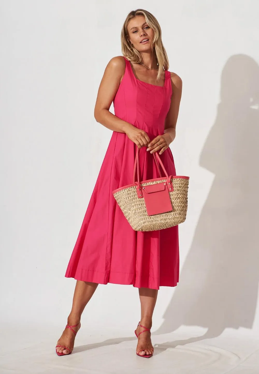 St. Frock Womens Angelita Midi Dress In Hot Pink Cotton Size 22 (New)