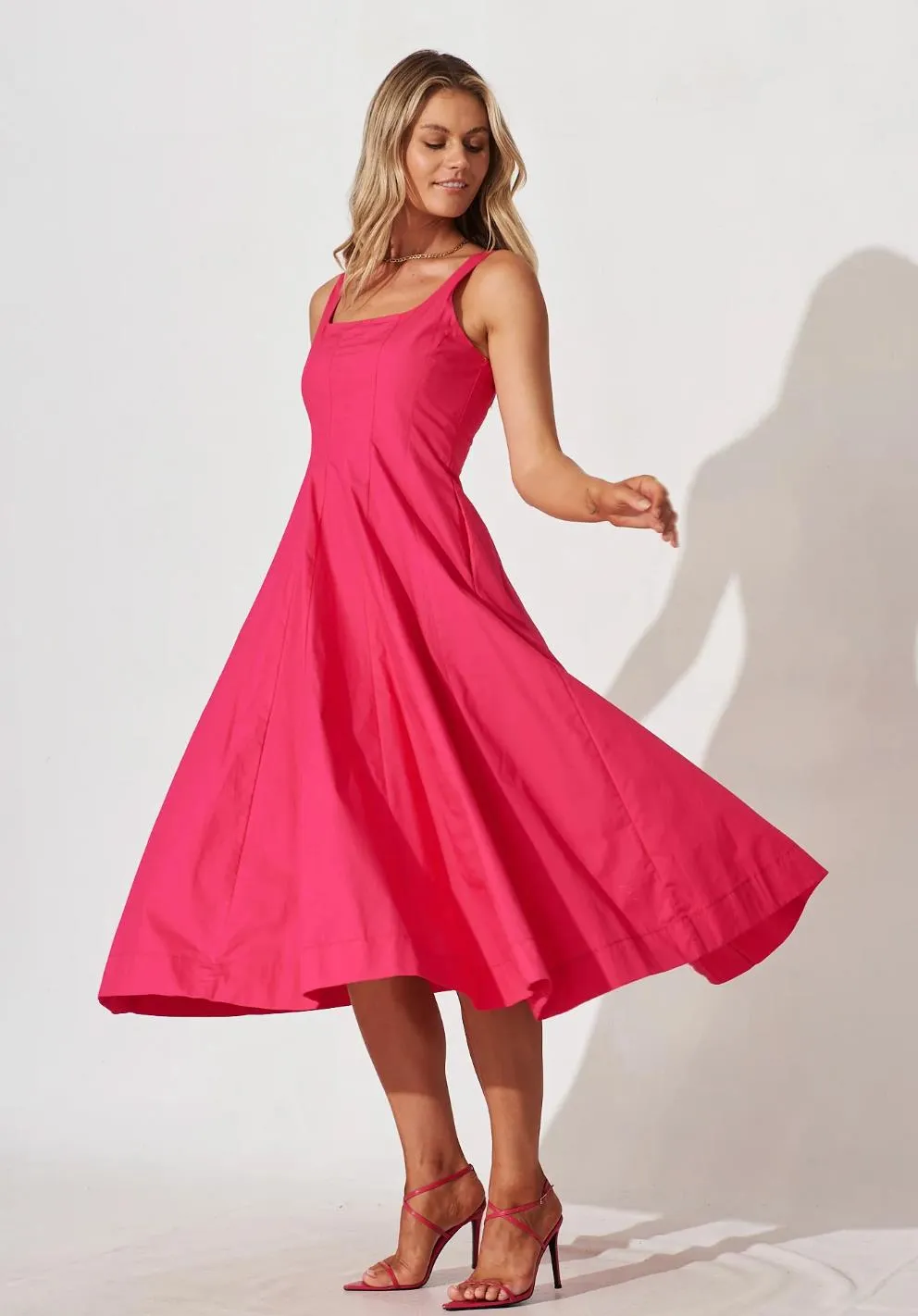 St. Frock Womens Angelita Midi Dress In Hot Pink Cotton Size 22 (New)
