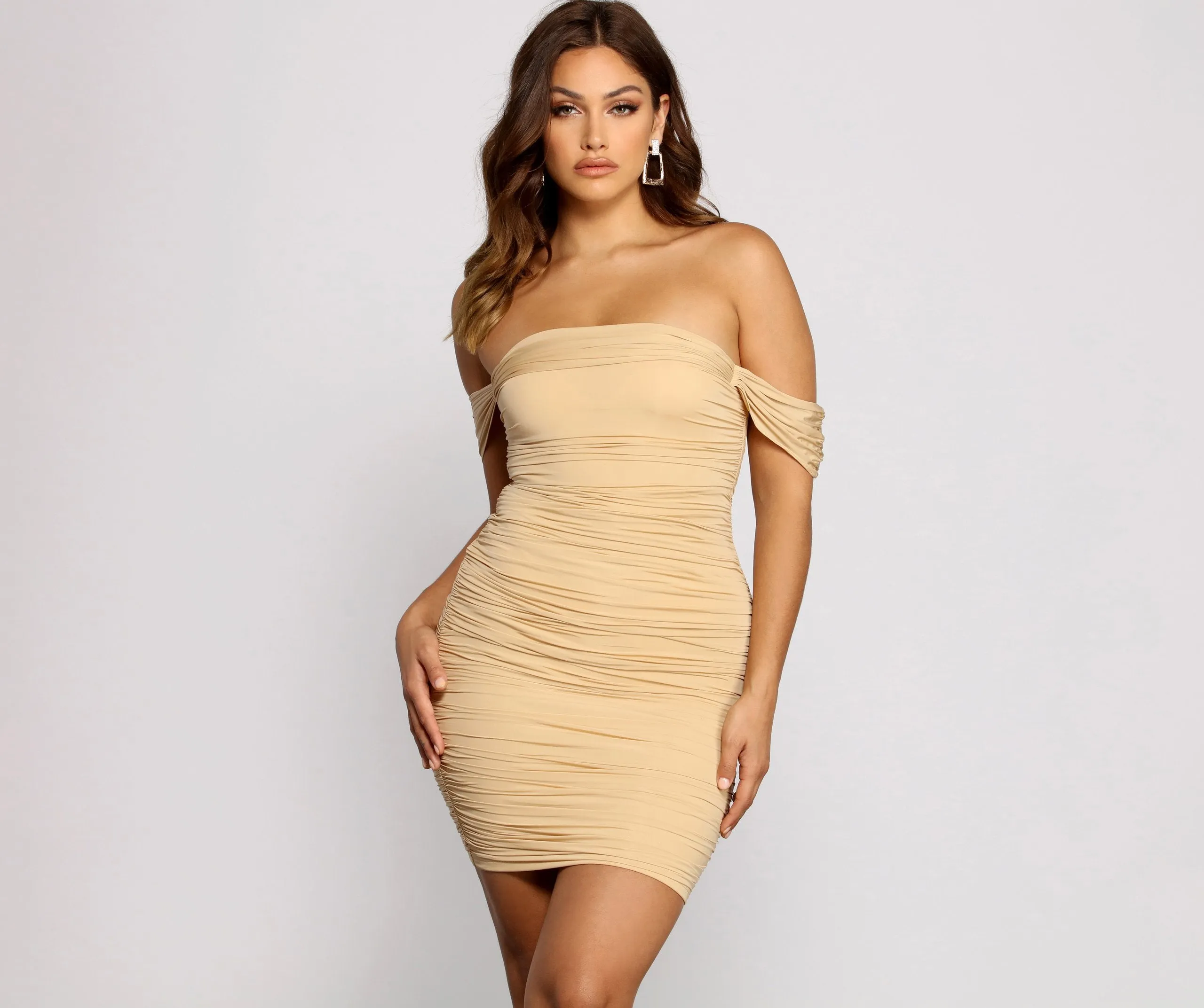 Sultry Appeal Ruched Off Graceful The Shoulder Mini Dress