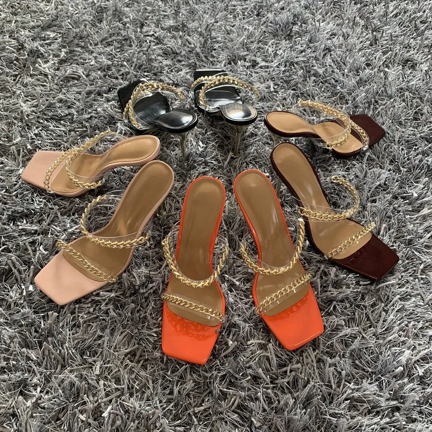 Summer Sandals Square Toe Ladies Heel Mules Clear High Heels Slippers Female Chain Shoes