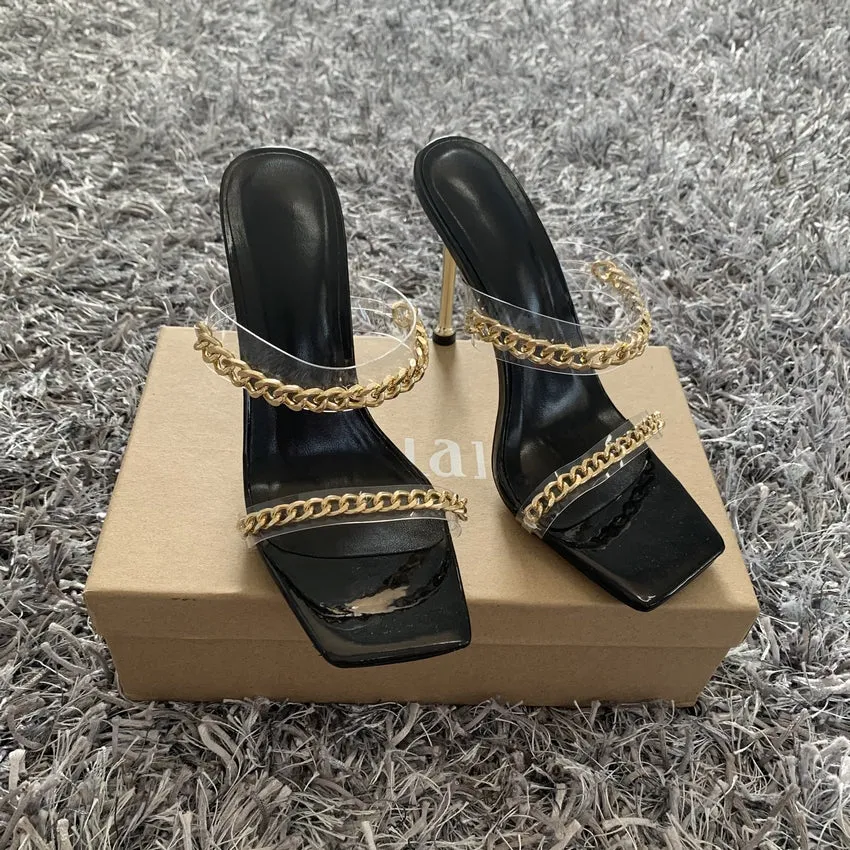 Summer Sandals Square Toe Ladies Heel Mules Clear High Heels Slippers Female Chain Shoes
