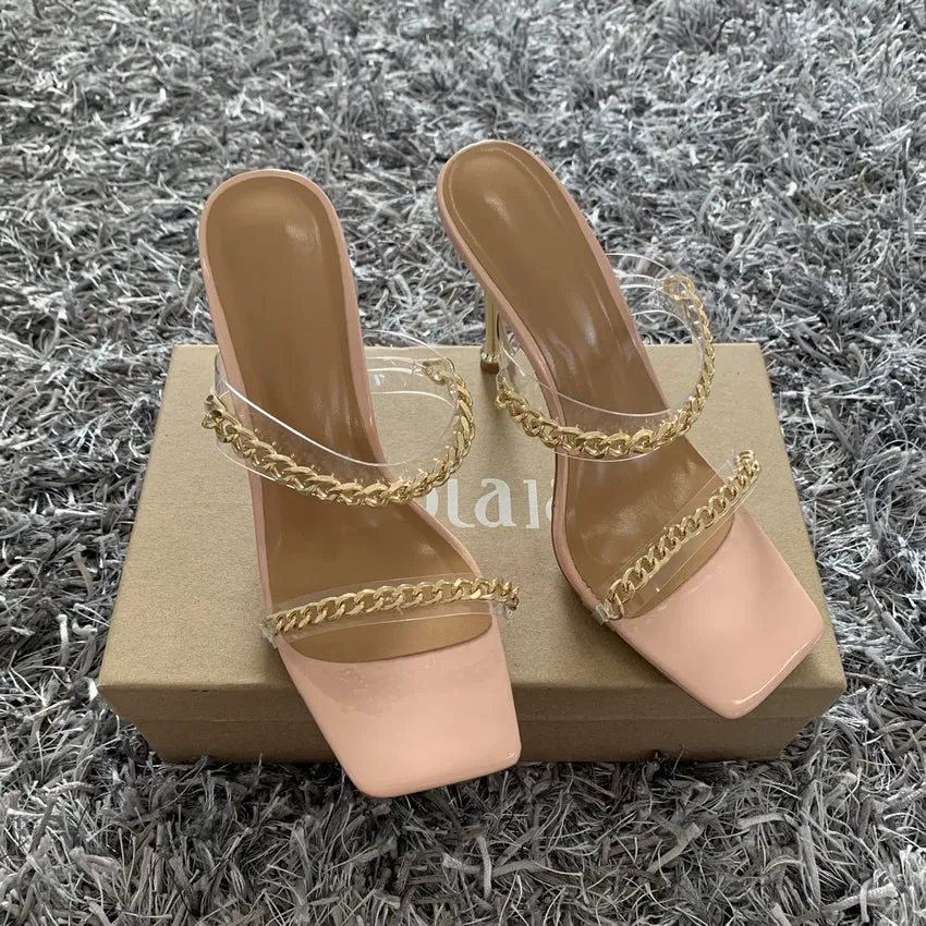 Summer Sandals Square Toe Ladies Heel Mules Clear High Heels Slippers Female Chain Shoes
