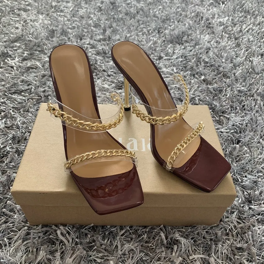 Summer Sandals Square Toe Ladies Heel Mules Clear High Heels Slippers Female Chain Shoes