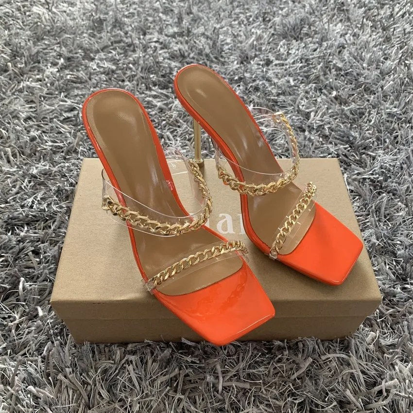 Summer Sandals Square Toe Ladies Heel Mules Clear High Heels Slippers Female Chain Shoes