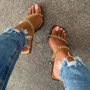 Summer Sandals Square Toe Ladies Heel Mules Clear High Heels Slippers Female Chain Shoes