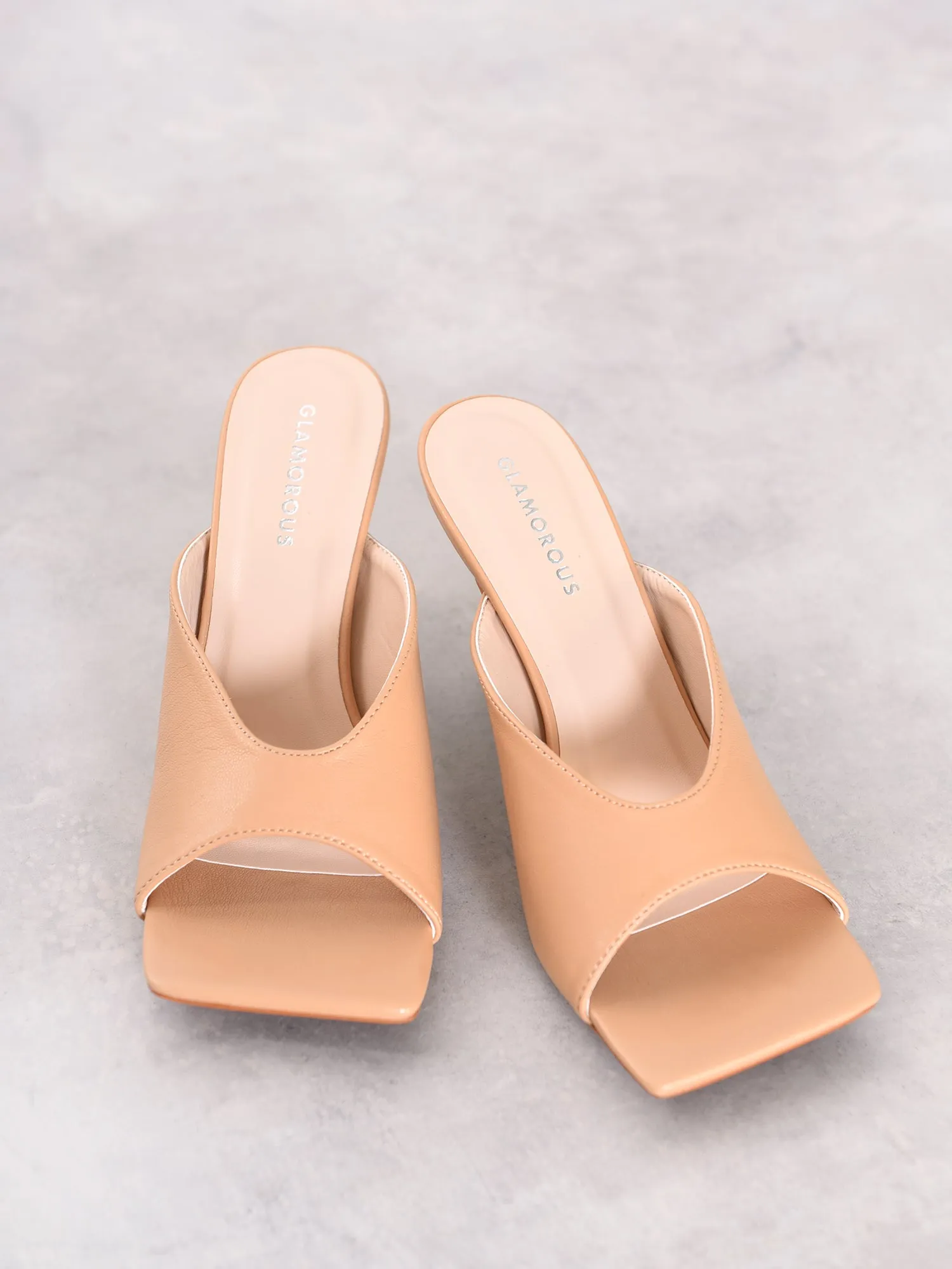 Tan Square Toe Heeled Mules