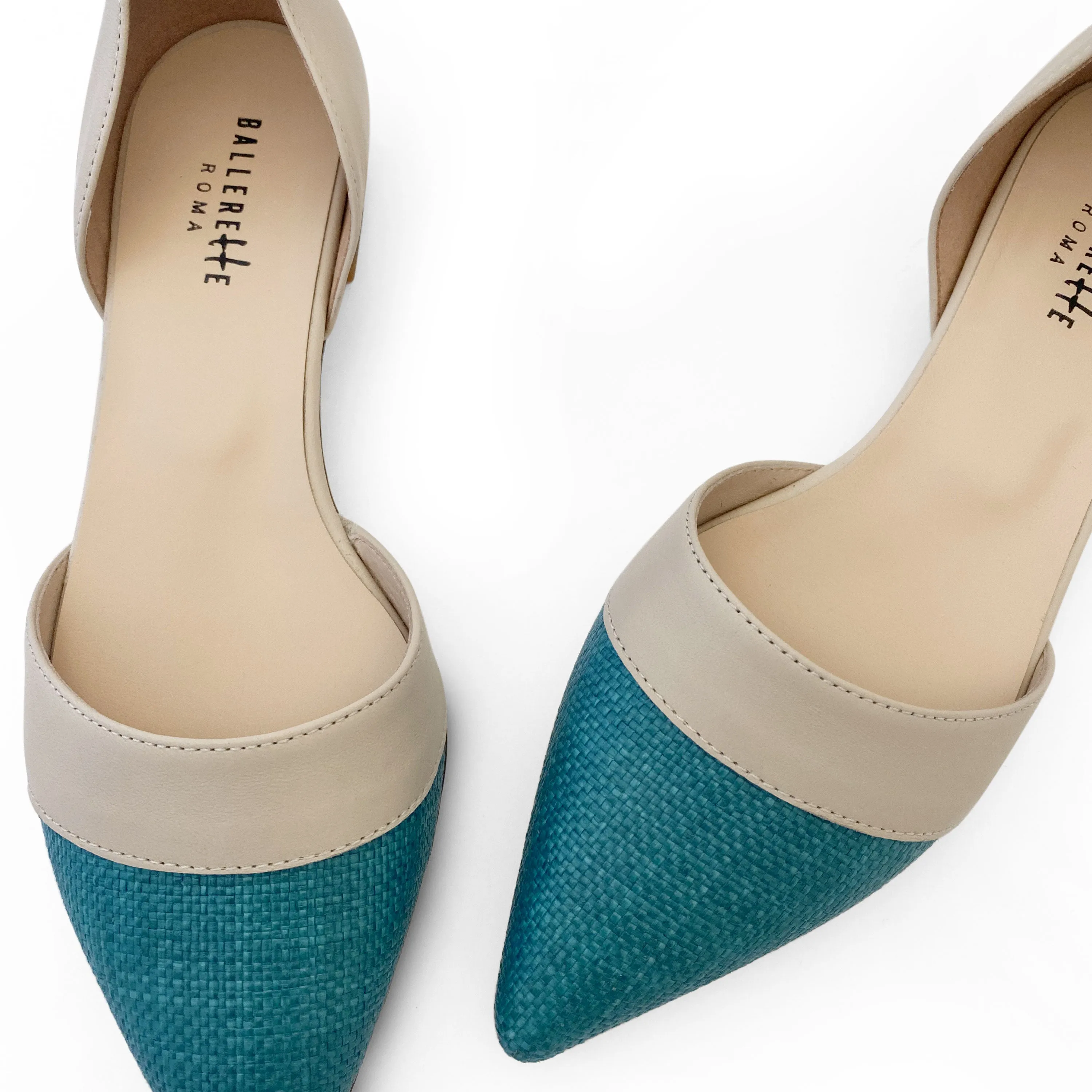 Teal jute d'Orsay ballet flats with beige leather details