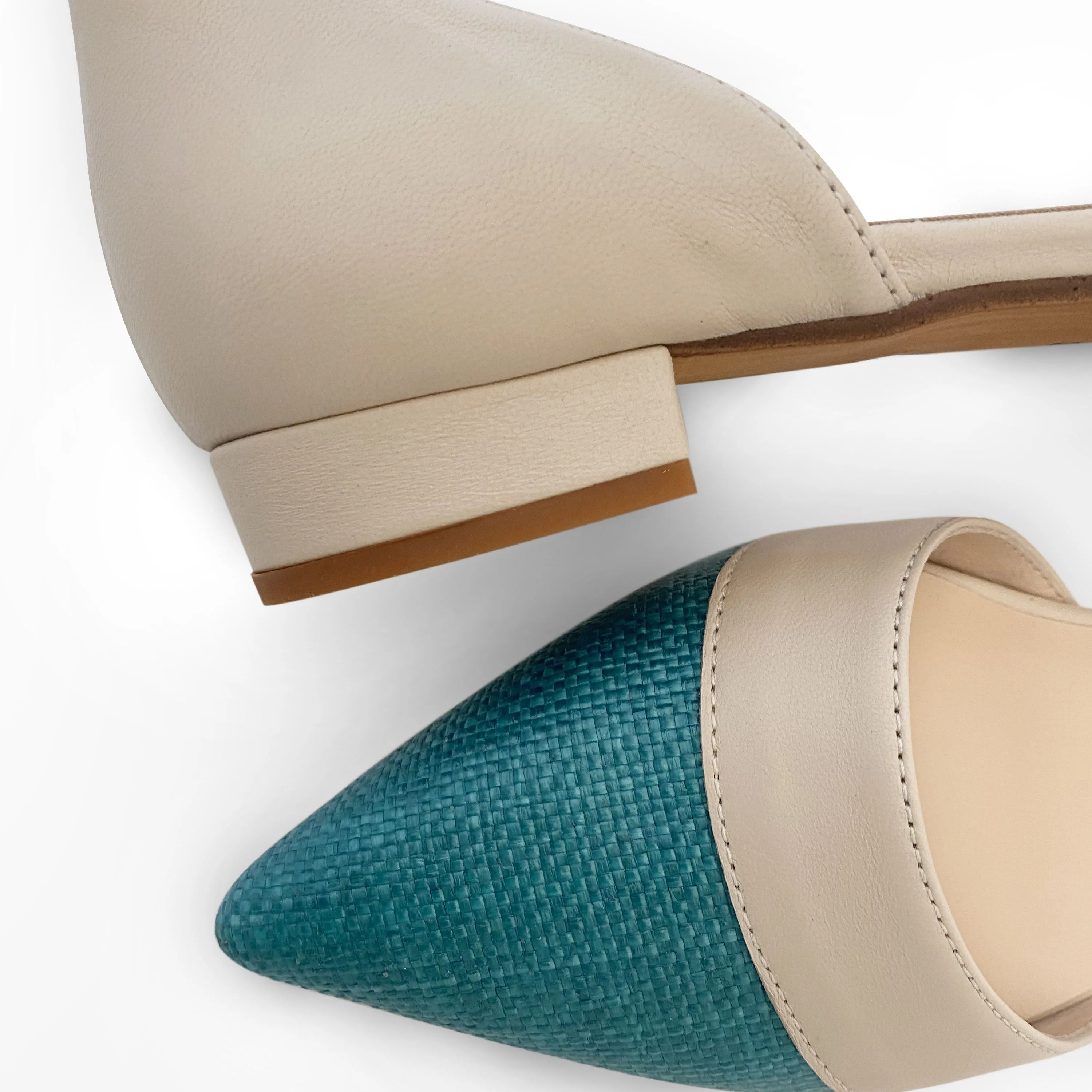 Teal jute d'Orsay ballet flats with beige leather details