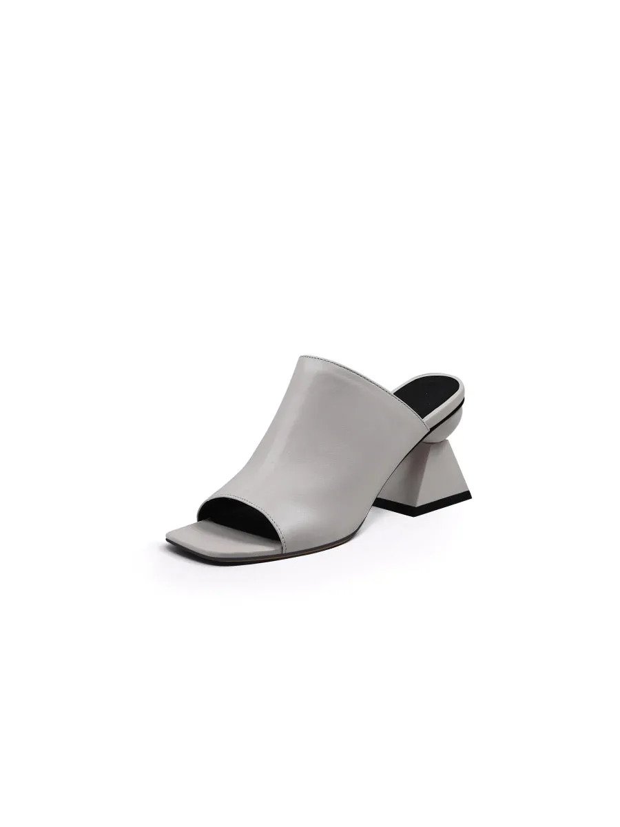 Triangular-Crystal Mid Heel Leather Open Toe Mules Sandals