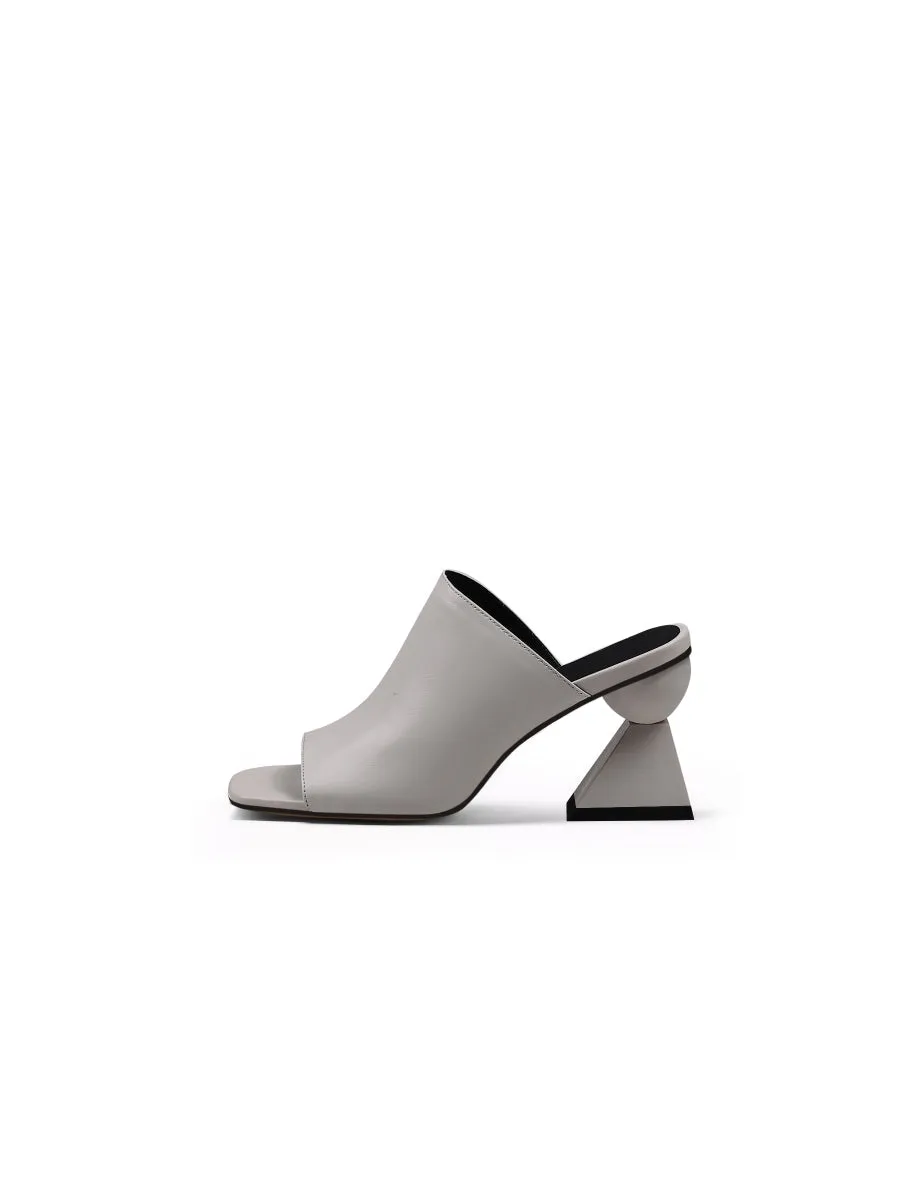 Triangular-Crystal Mid Heel Leather Open Toe Mules Sandals