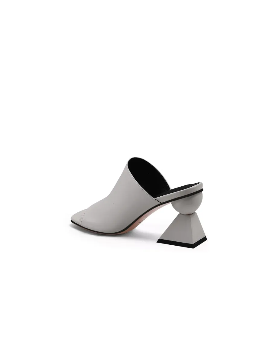 Triangular-Crystal Mid Heel Leather Open Toe Mules Sandals