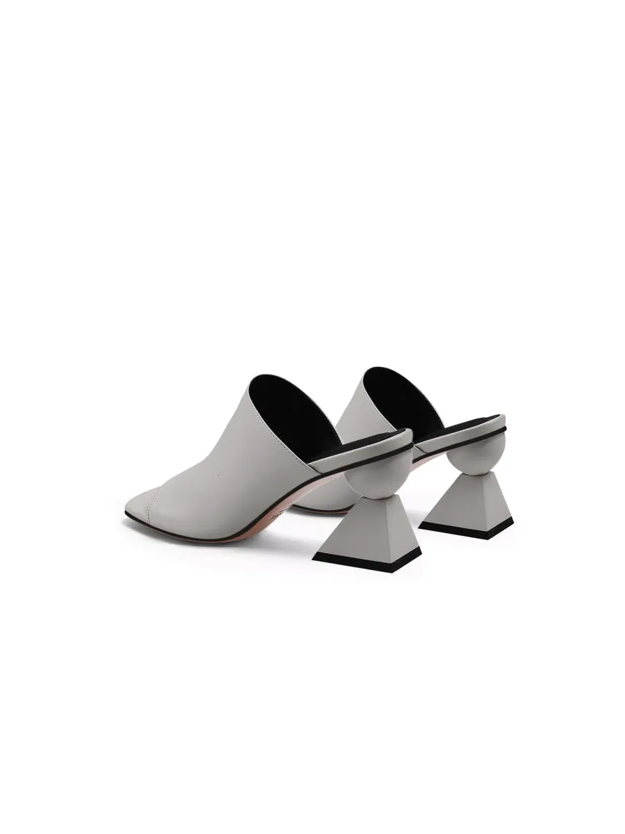 Triangular-Crystal Mid Heel Leather Open Toe Mules Sandals
