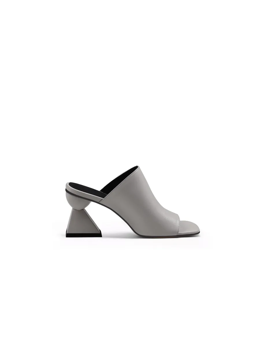 Triangular-Crystal Mid Heel Leather Open Toe Mules Sandals