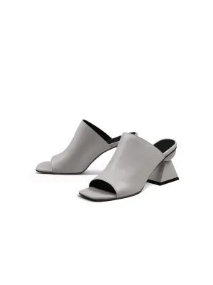 Triangular-Crystal Mid Heel Leather Open Toe Mules Sandals