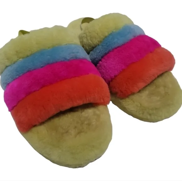 Ugg Fluff Yeah Neon Rainbow Slingback Sandals Slides 5Y Youth