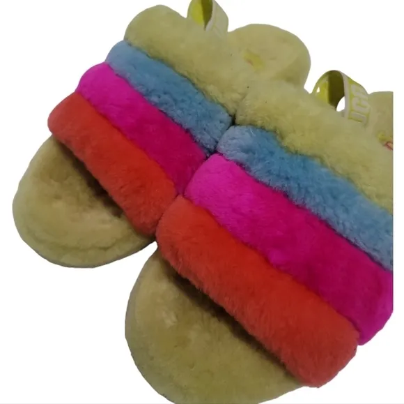 Ugg Fluff Yeah Neon Rainbow Slingback Sandals Slides 5Y Youth